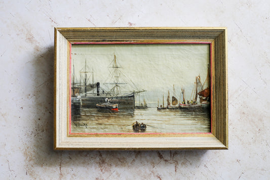 Antique Framed Oil Painting of Ship Scene by W. Burke