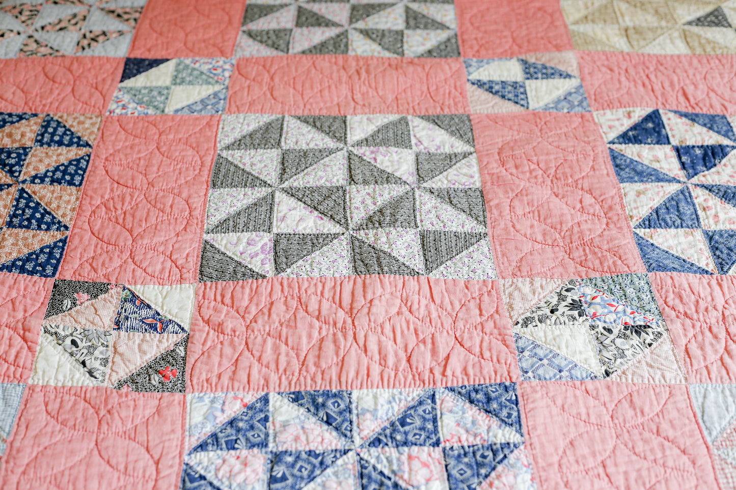 Vintage Pink and Blue Broken Dishes Quilt, c1930