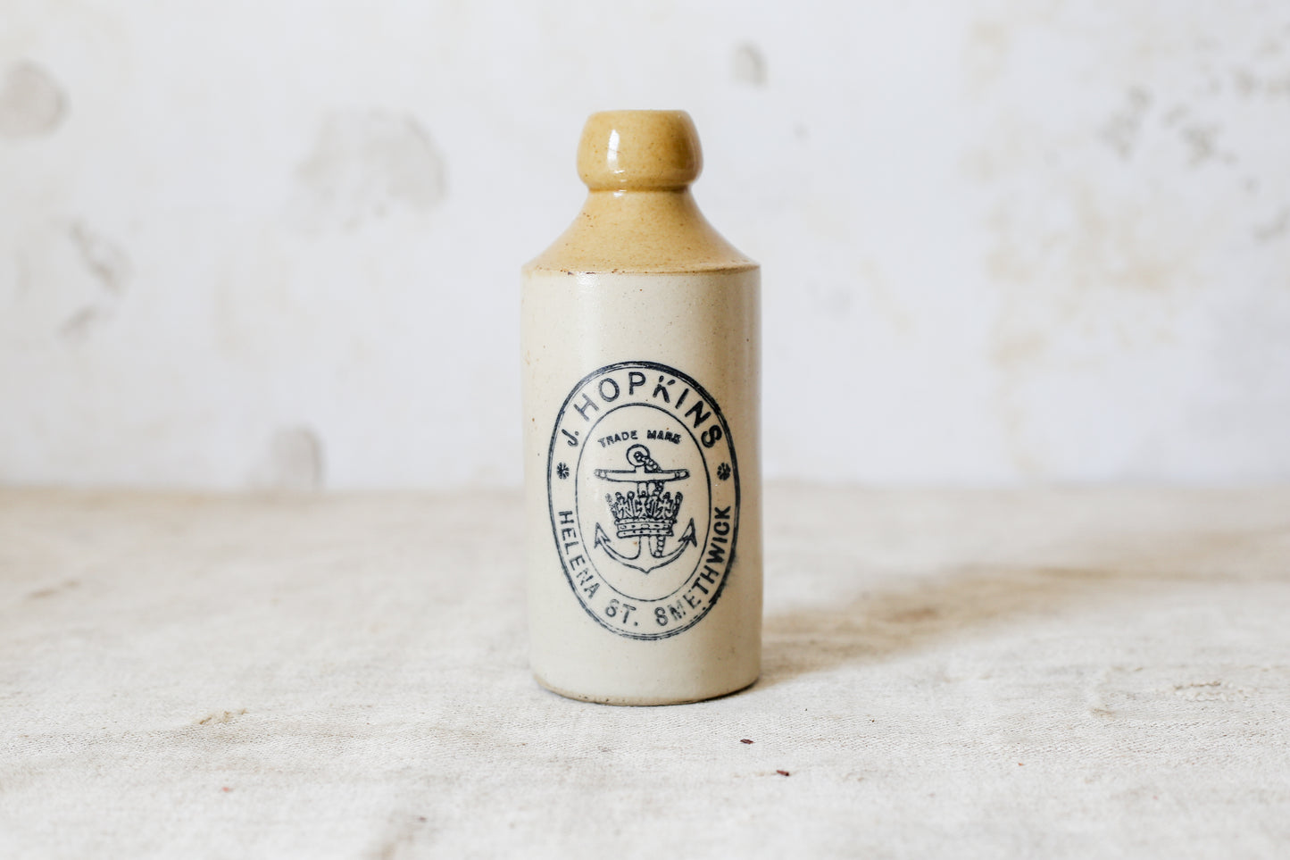 Antique J. Hopkins Stoneware Bottle with Anchor and Crown