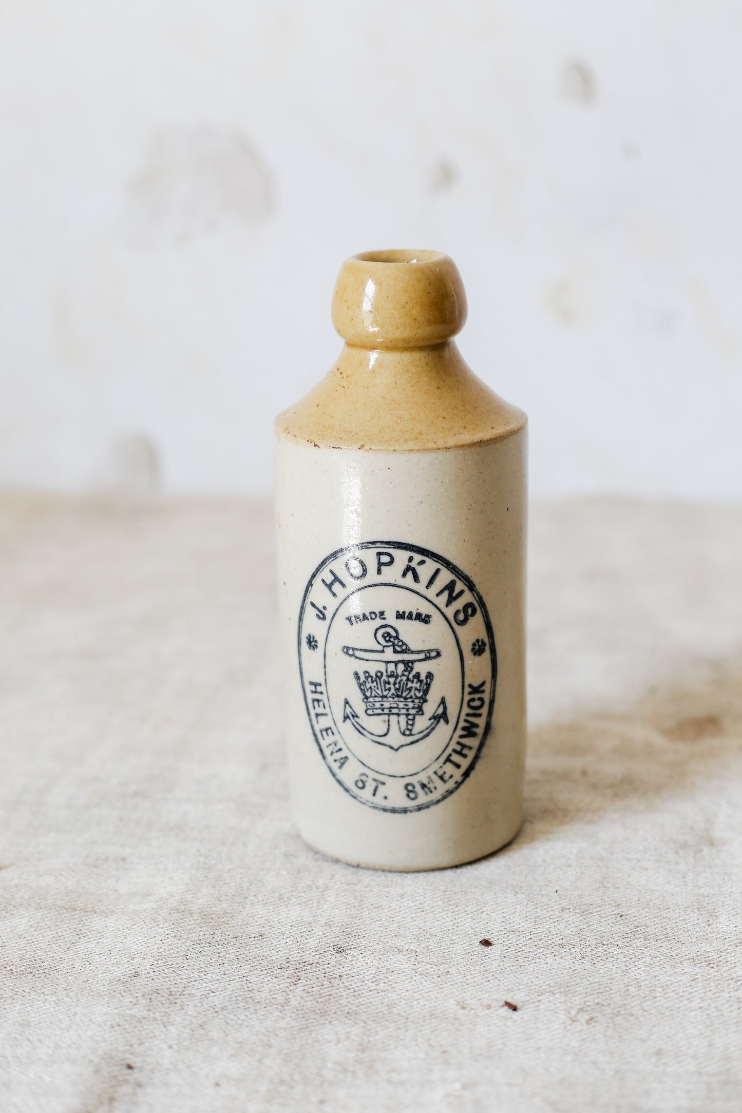 Antique J. Hopkins Stoneware Bottle with Anchor and Crown
