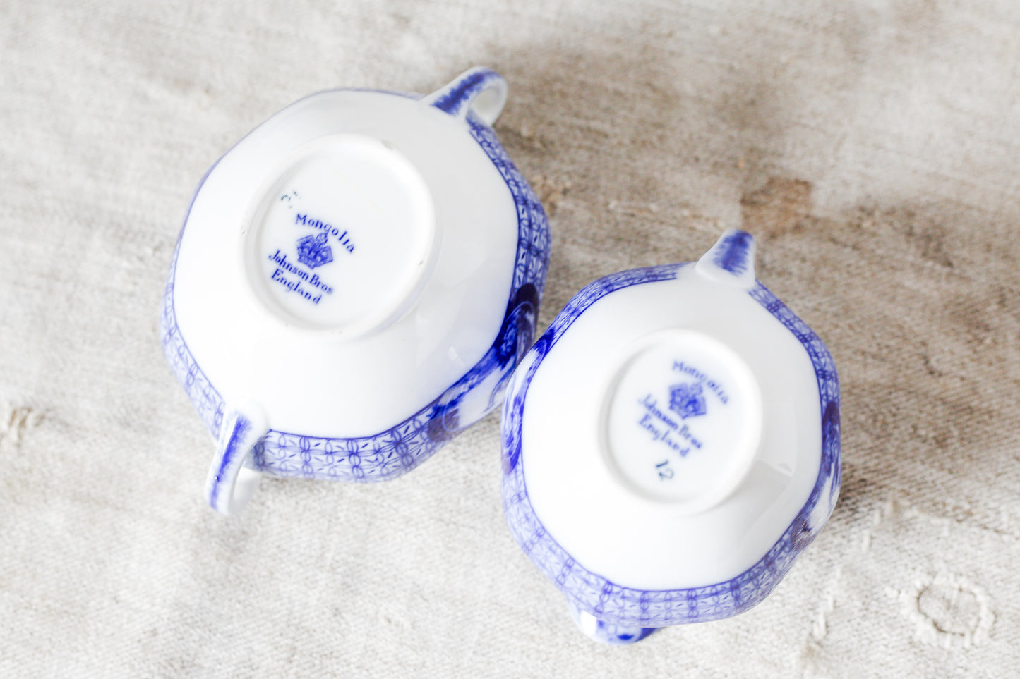 Antique Flow Blue Sugar Bowl & Creamer Set - Mongolia by Johnson Brothers