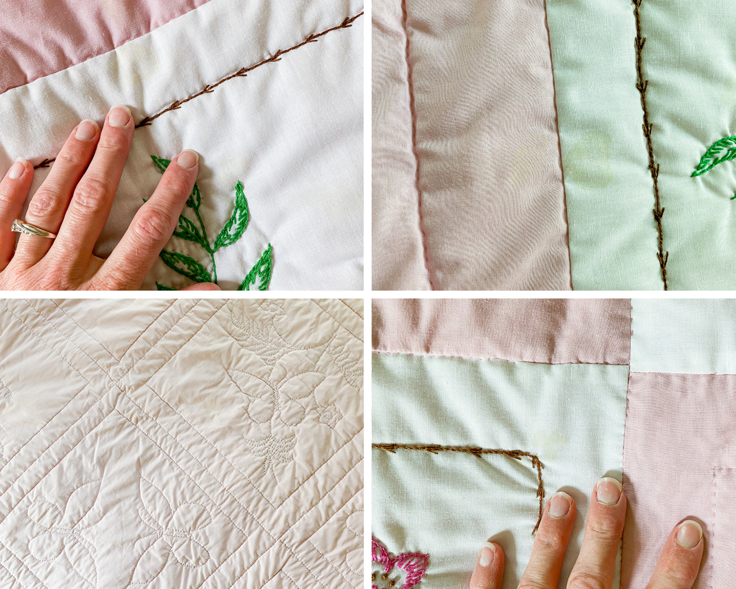 Vintage Pink and White Embroidered Queen Quilt | Butterflies and Flowers Blanket