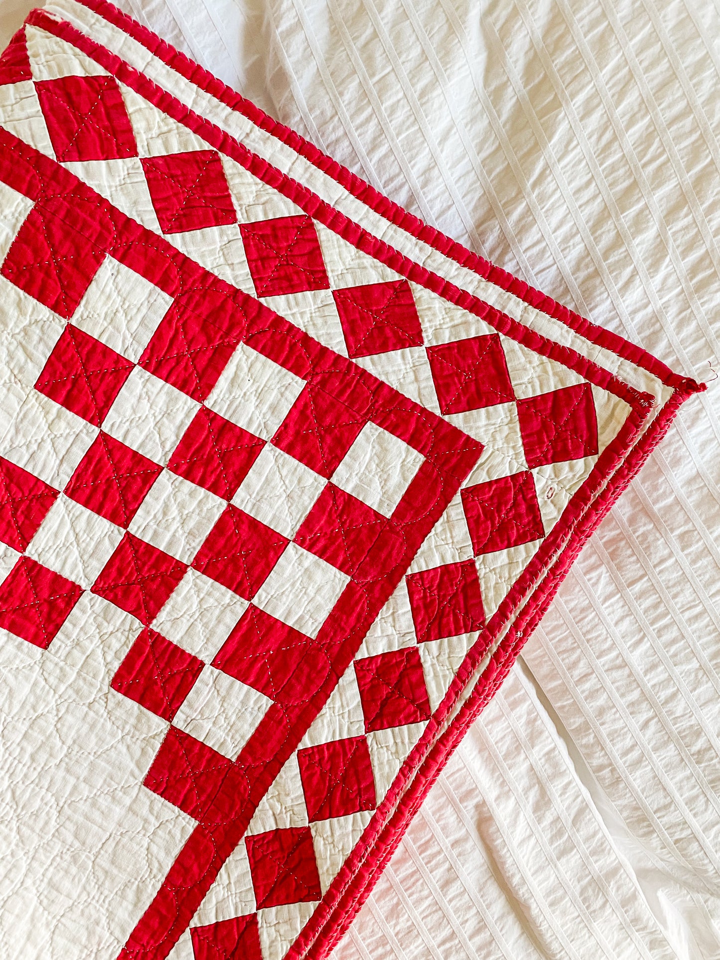 Vintage Red and White Irish Chain Quilt, c1930