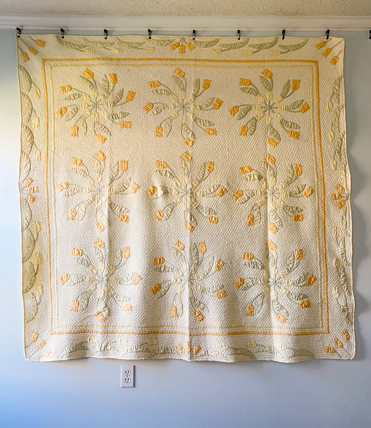 Vintage Yellow and Green Tulip Swirl Applique Sateen Quilt, c1930