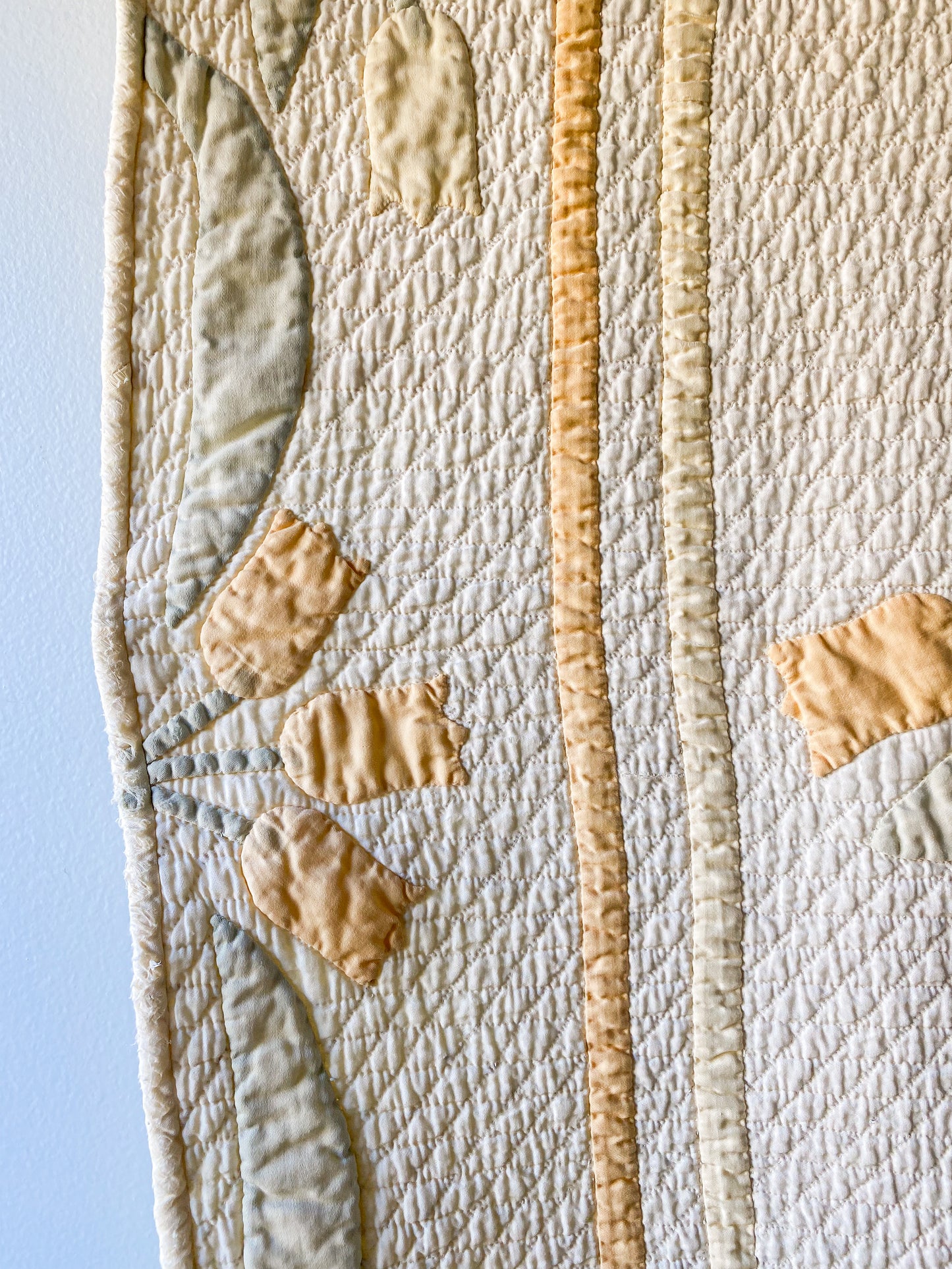 Vintage Yellow and Green Tulip Swirl Applique Sateen Quilt, c1930