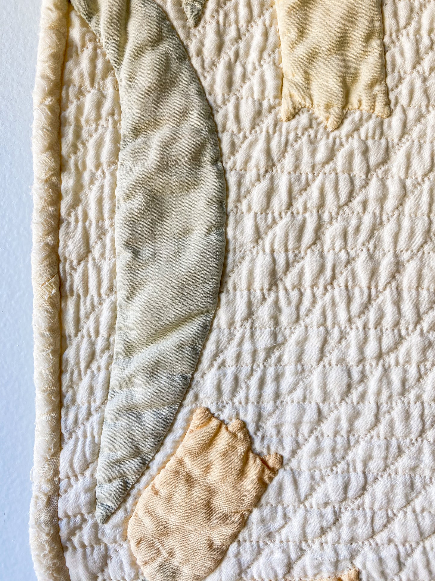 Vintage Yellow and Green Tulip Swirl Applique Sateen Quilt, c1930