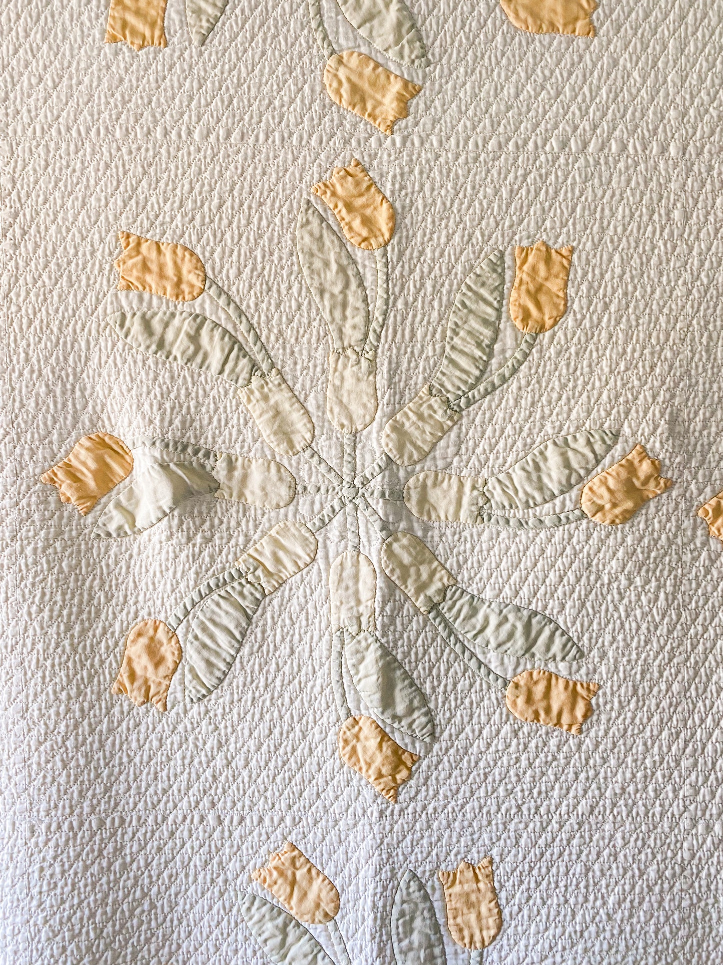 Vintage Yellow and Green Tulip Swirl Applique Sateen Quilt, c1930