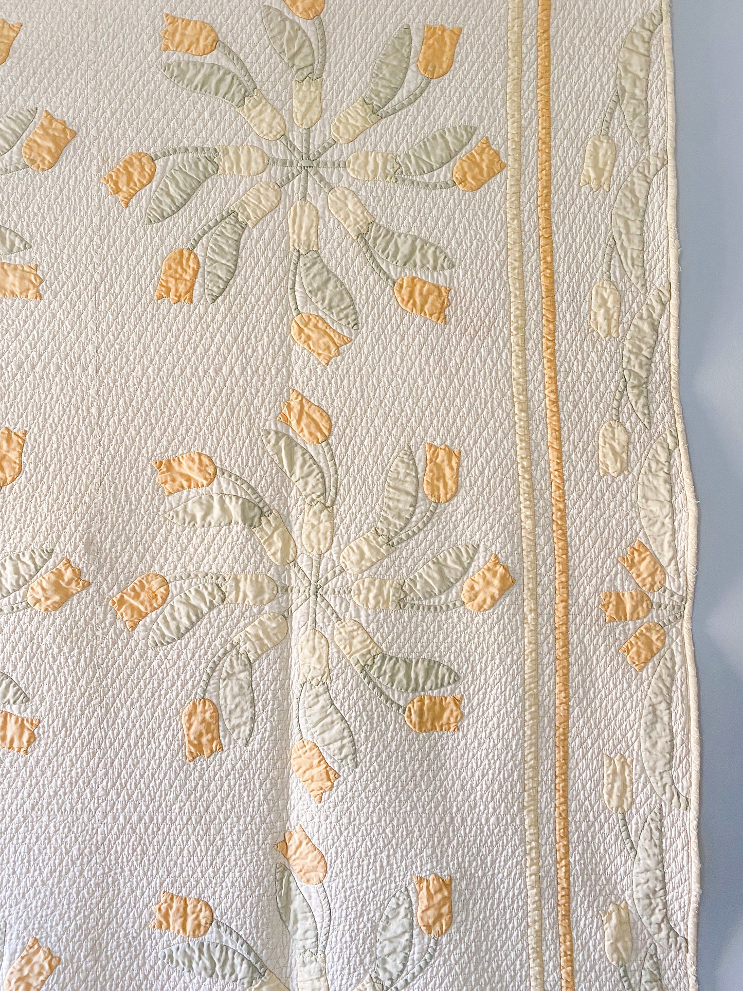 Vintage Yellow and Green Tulip Swirl Applique Sateen Quilt, c1930