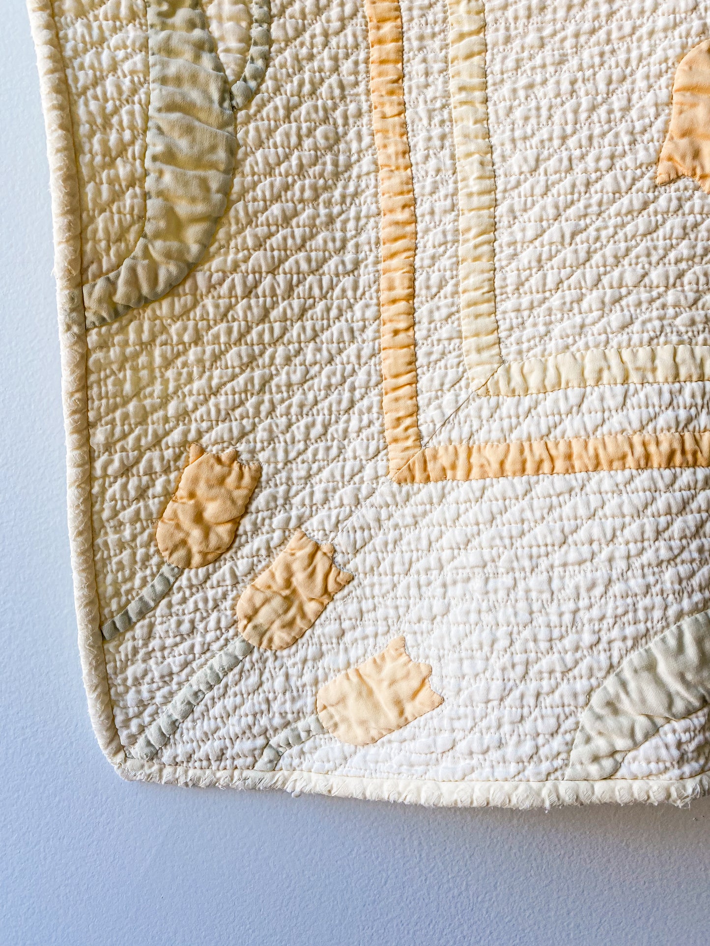 Vintage Yellow and Green Tulip Swirl Applique Sateen Quilt, c1930