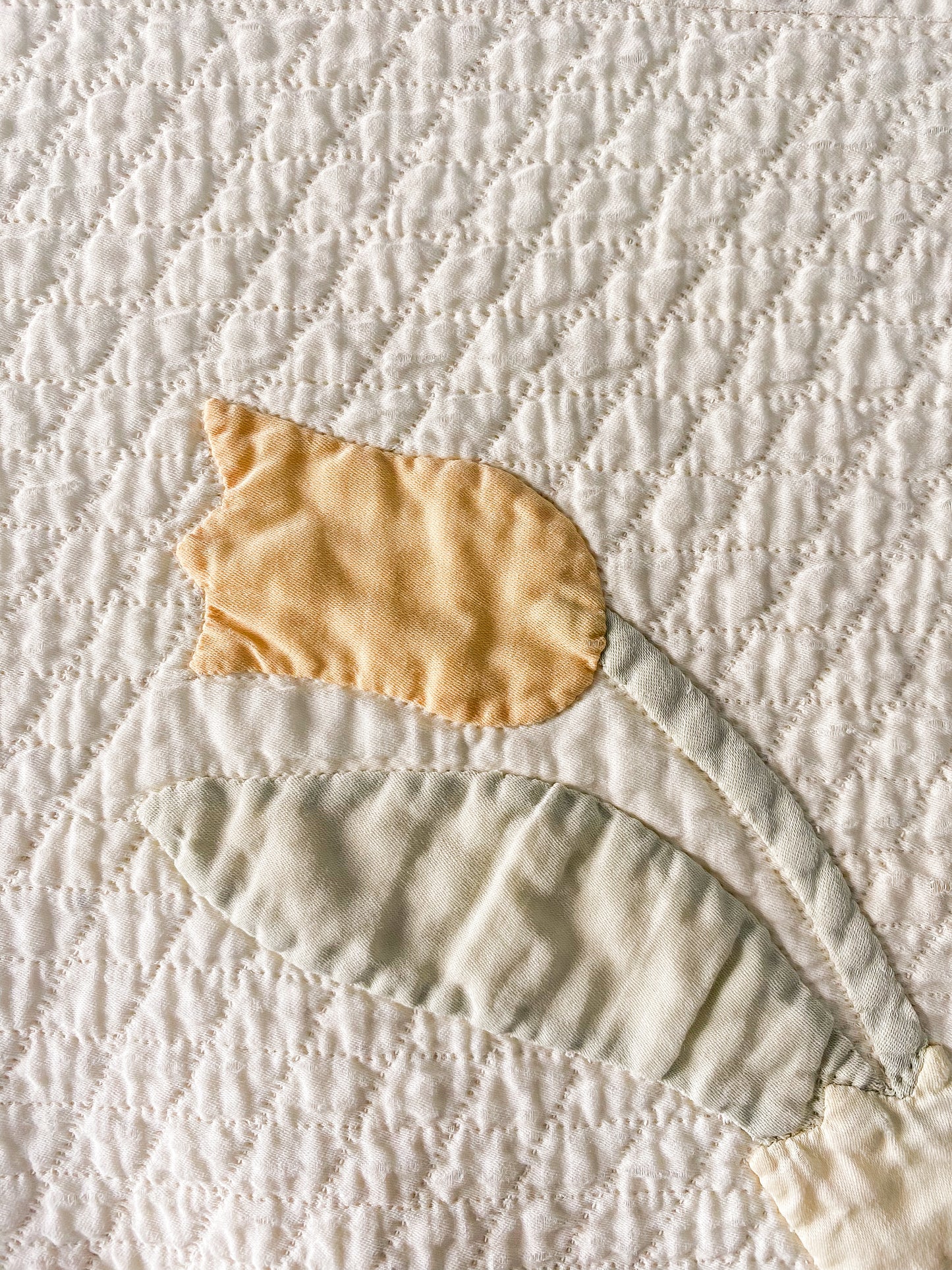 Vintage Yellow and Green Tulip Swirl Applique Sateen Quilt, c1930