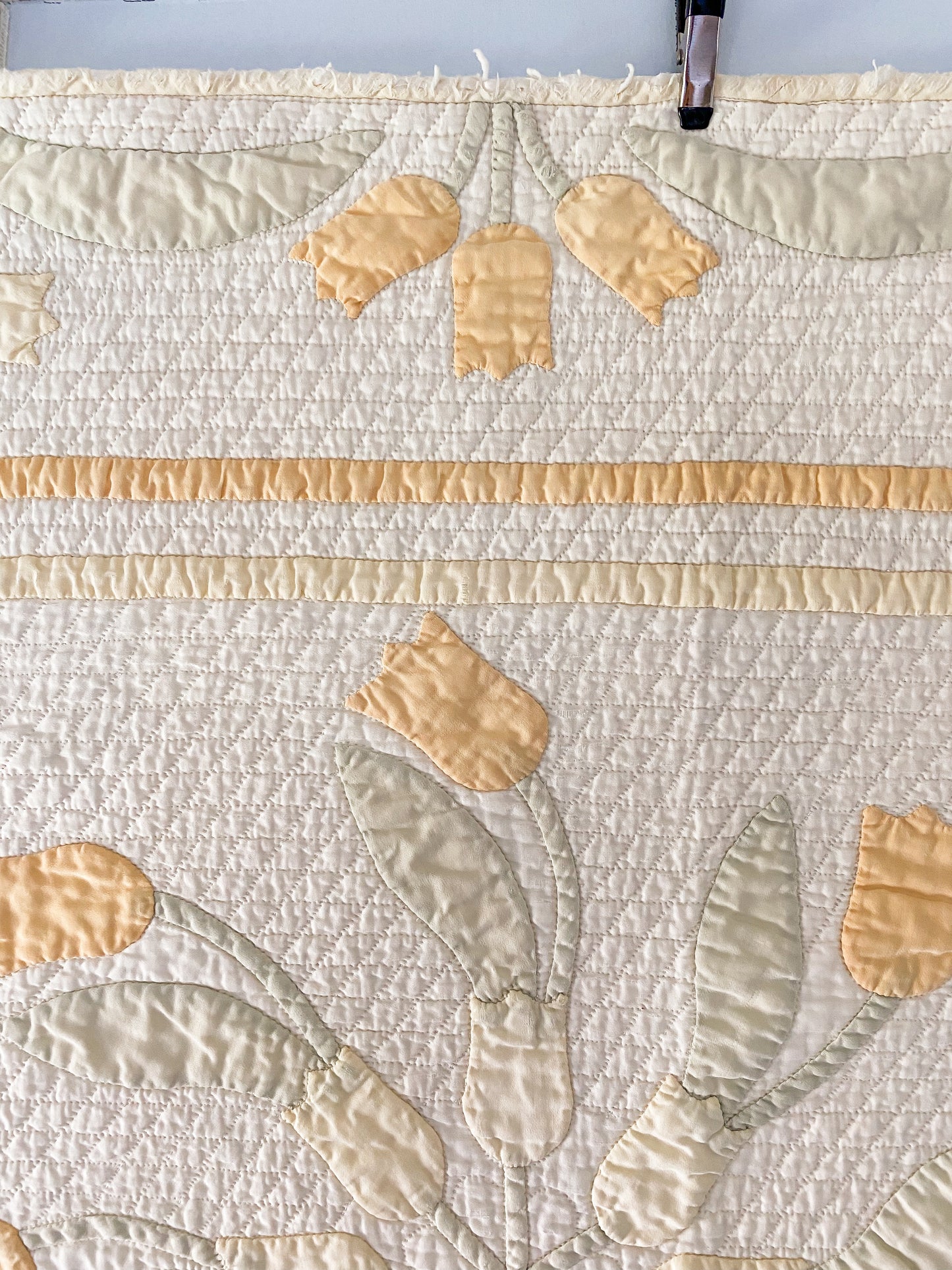 Vintage Yellow and Green Tulip Swirl Applique Sateen Quilt, c1930