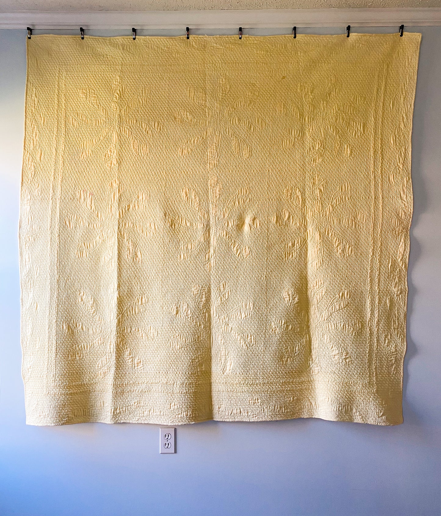 Vintage Yellow and Green Tulip Swirl Applique Sateen Quilt, c1930