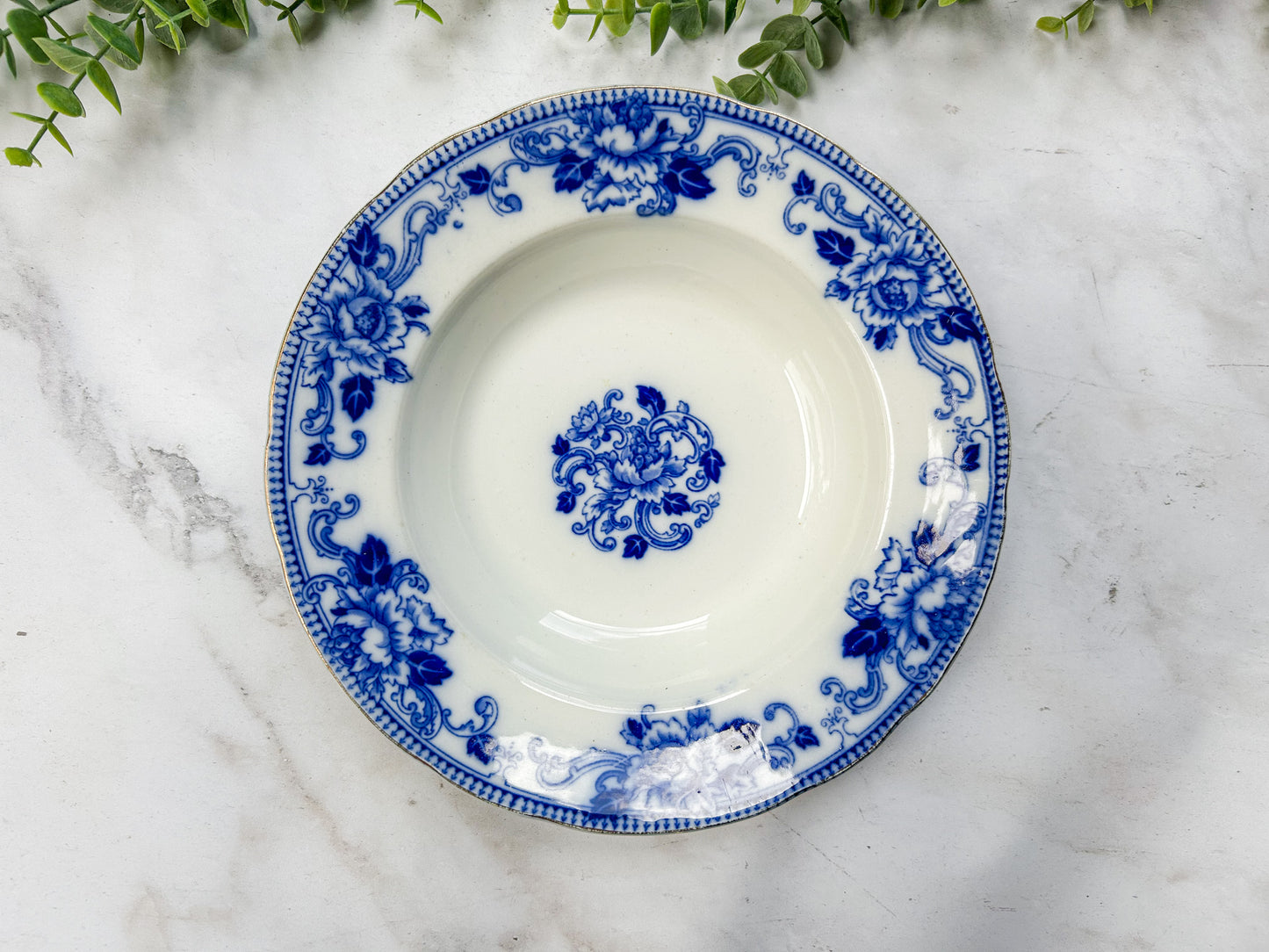 Antique Gilt Flow Blue 9” Soup Bowl - Delft by Brownfields Pottery, c1895