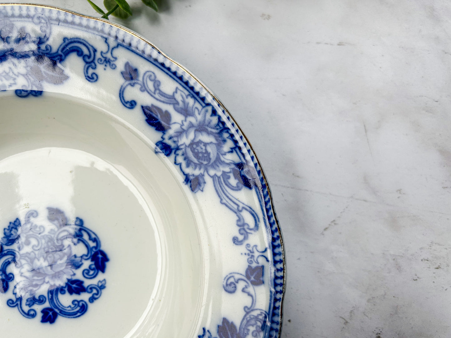 Antique Gilt Flow Blue 9” Soup Bowl - Delft by Brownfields Pottery, c1895