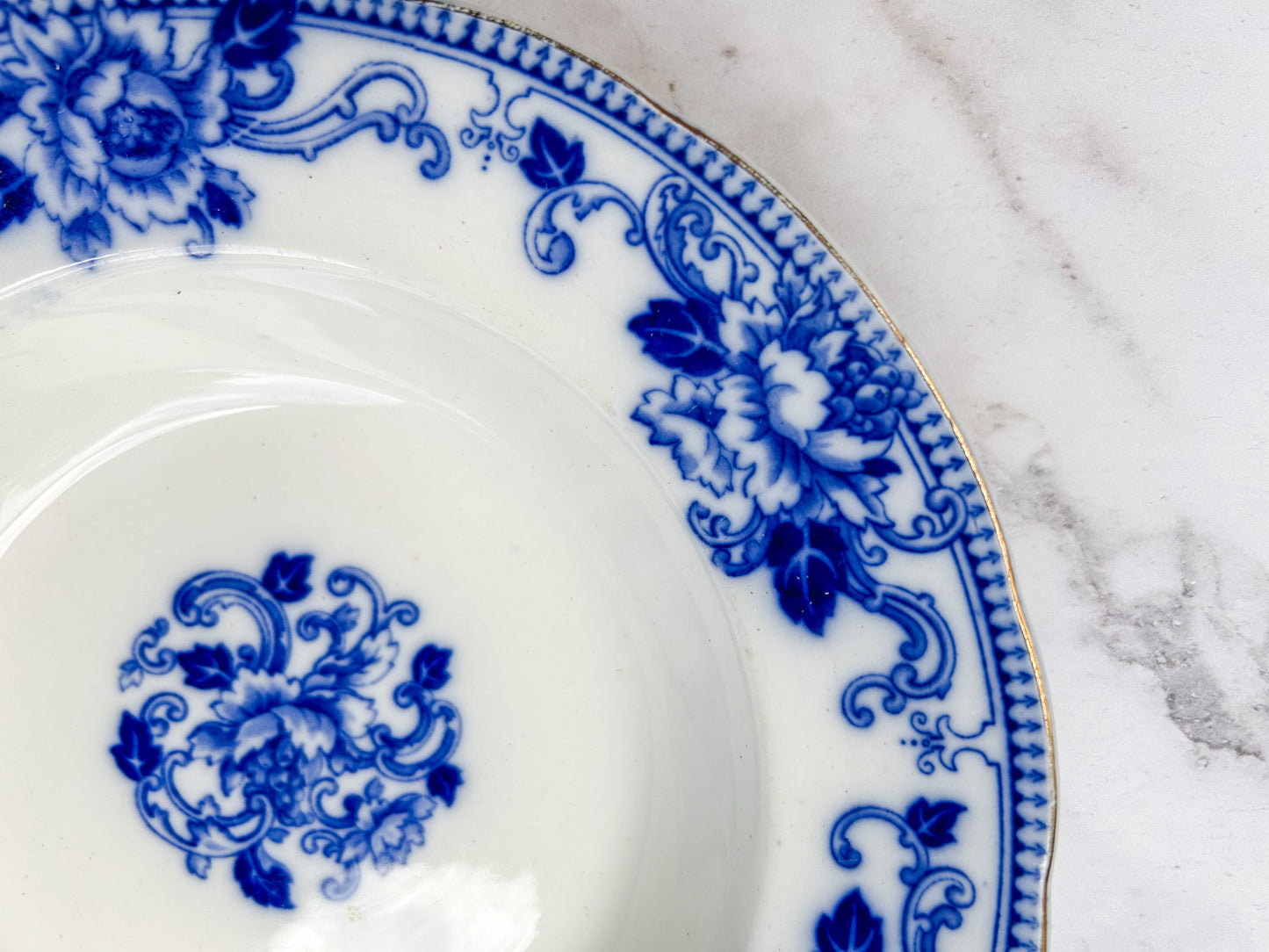 Antique Gilt Flow Blue 9” Soup Bowl - Delft by Brownfields Pottery, c1895