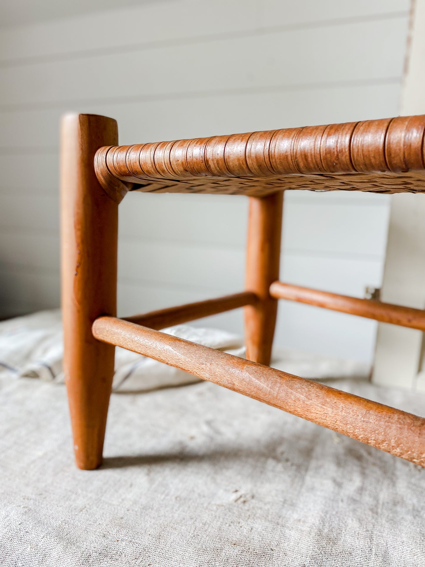 Vintage Handmade Shaker Style Stool with Woven Split Wood Seat | Flat Rush Stool