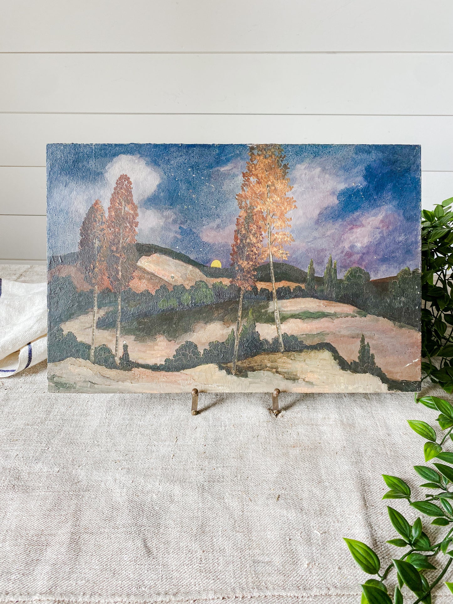 Antique Original Landscape Oil Painting on Board | Moonlight on the Dunes