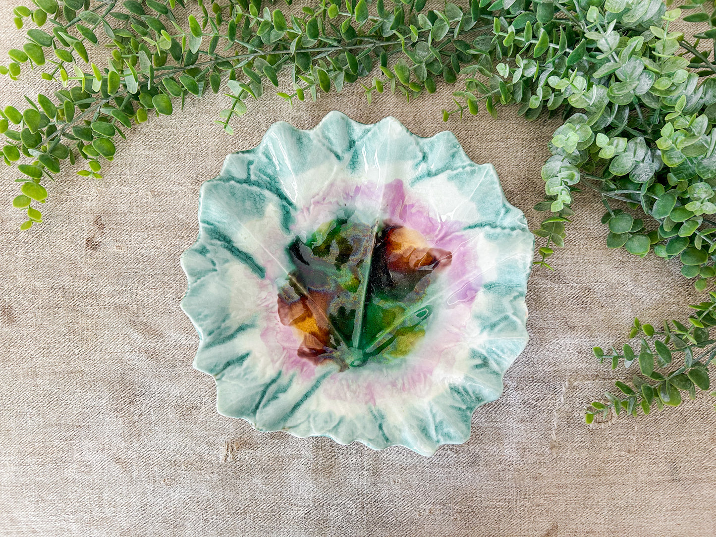 Antique Majolica Multicolored Leaf Bowl
