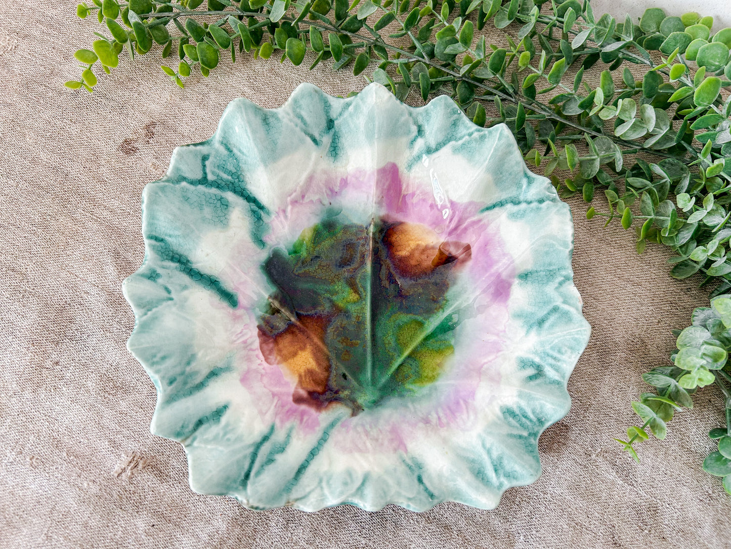 Antique Majolica Multicolored Leaf Bowl
