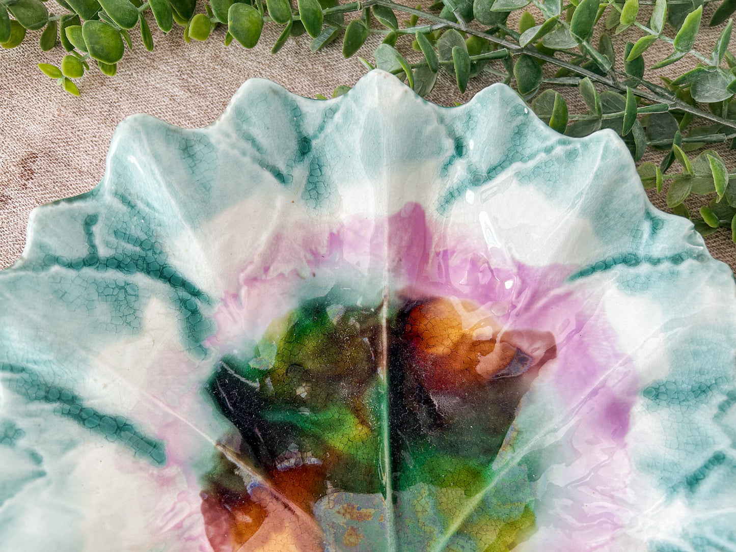 Antique Majolica Multicolored Leaf Bowl