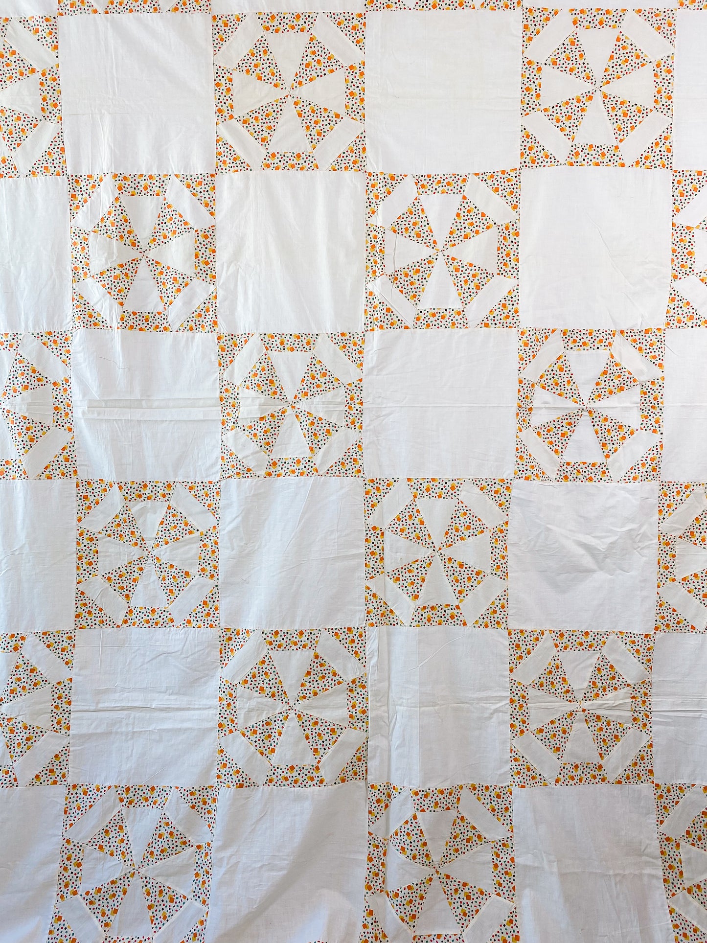 Vintage Spider Web Unfinished Geometric Orange and Yellow Quilt TOP