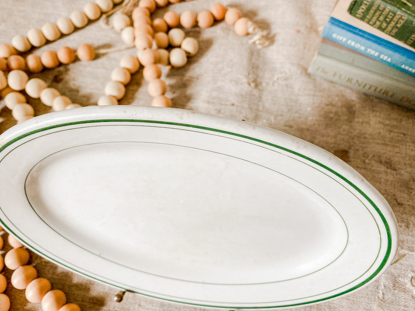 Vintage White and Green Stripe Chunky 9" Restaurant Ware Platter by Wood & Sons, England