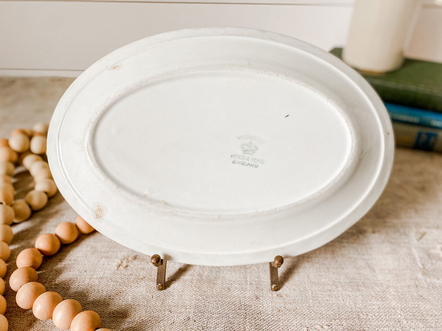 Vintage White and Green Stripe Chunky 9" Restaurant Ware Platter by Wood & Sons, England