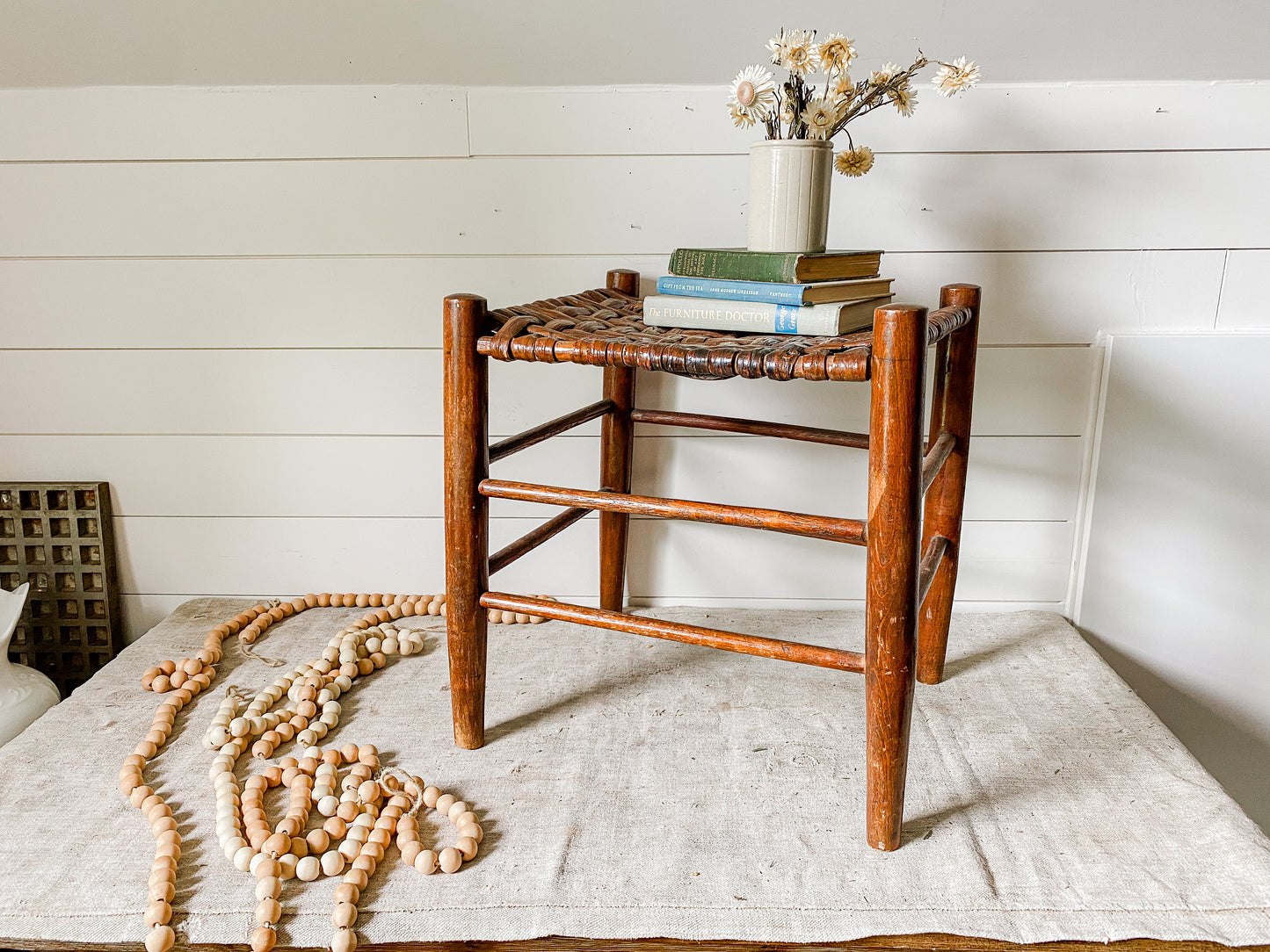Vintage Handmade Shaker Style 18" Tall Stool with Woven Split Wood Seat | Rustic Farmhouse Plant Stand