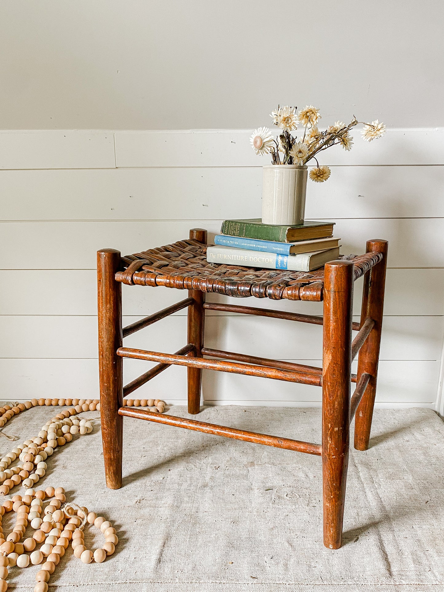 Vintage Handmade Shaker Style 18" Tall Stool with Woven Split Wood Seat | Rustic Farmhouse Plant Stand