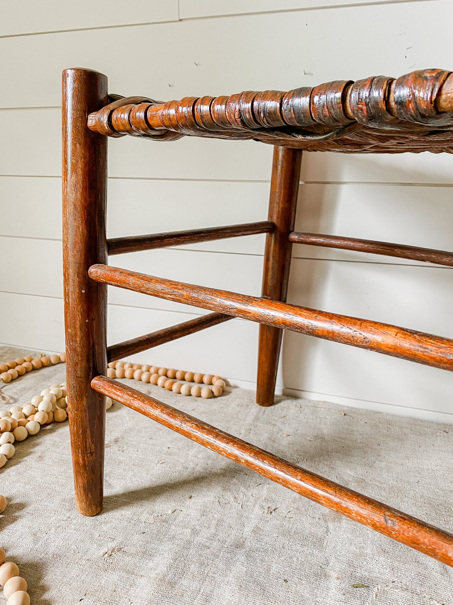 Vintage Handmade Shaker Style 18" Tall Stool with Woven Split Wood Seat | Rustic Farmhouse Plant Stand
