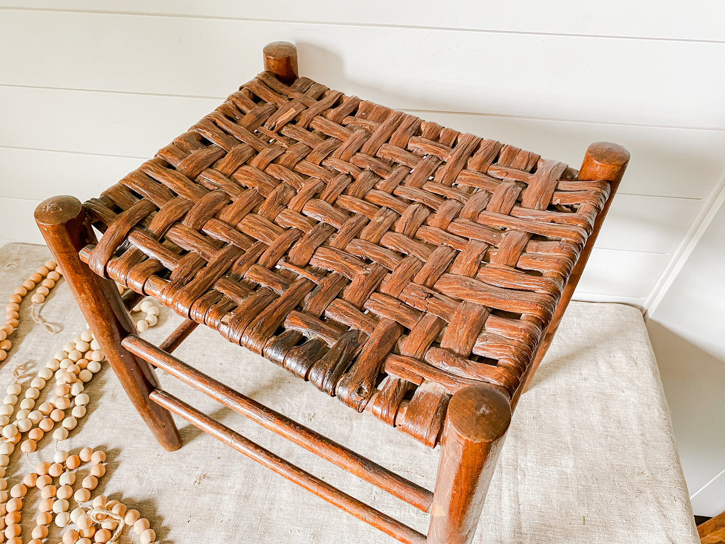 Vintage Handmade Shaker Style 18" Tall Stool with Woven Split Wood Seat | Rustic Farmhouse Plant Stand