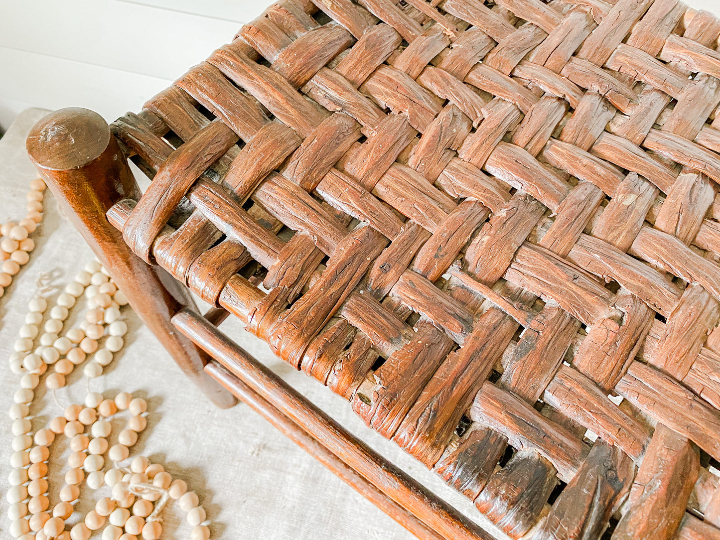 Vintage Handmade Shaker Style 18" Tall Stool with Woven Split Wood Seat | Rustic Farmhouse Plant Stand