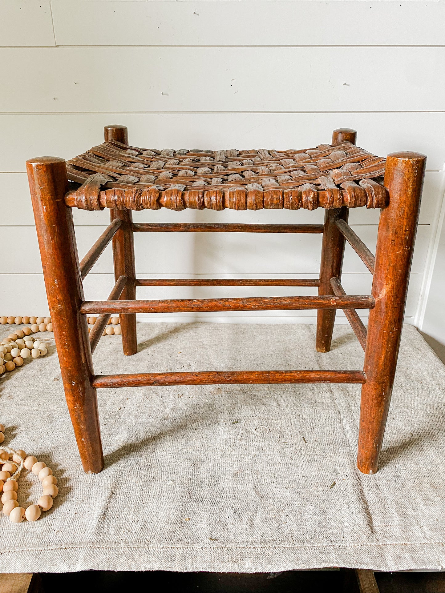Vintage Handmade Shaker Style 18" Tall Stool with Woven Split Wood Seat | Rustic Farmhouse Plant Stand