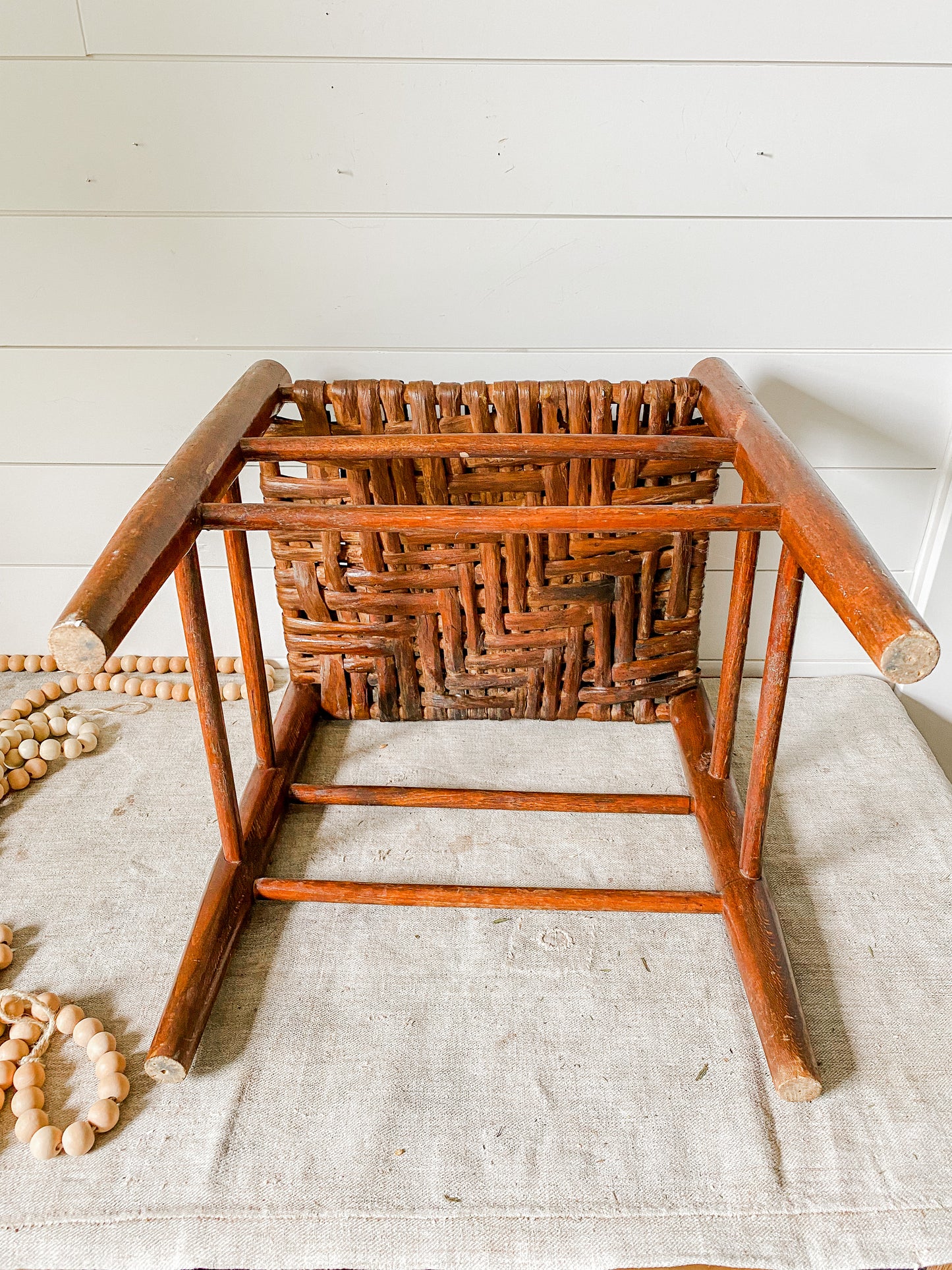 Vintage Handmade Shaker Style 18" Tall Stool with Woven Split Wood Seat | Rustic Farmhouse Plant Stand