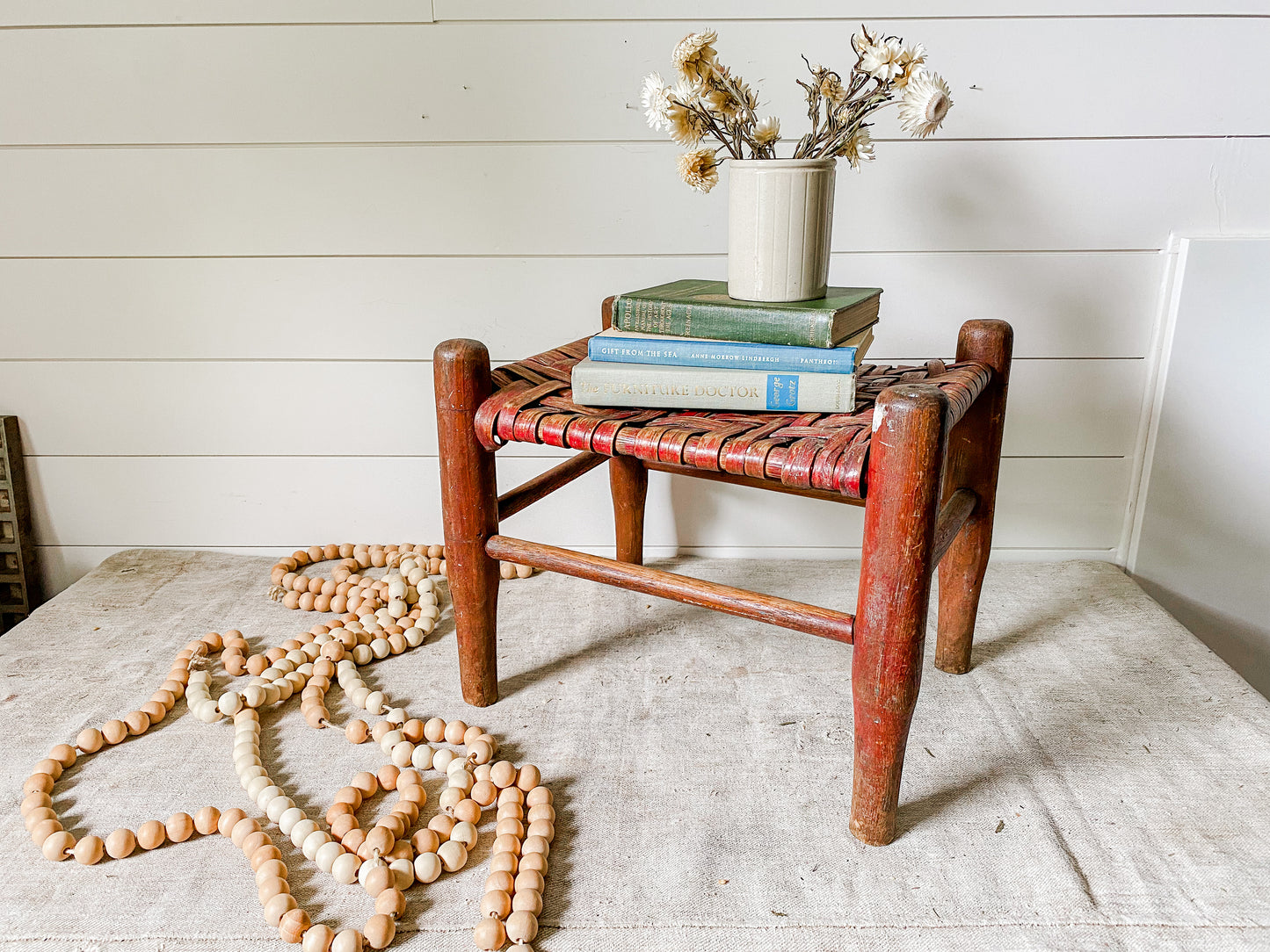 Vintage Handmade Shaker Style 13" Tall Stool with Woven Split Wood Seat | Flat Rush Stool