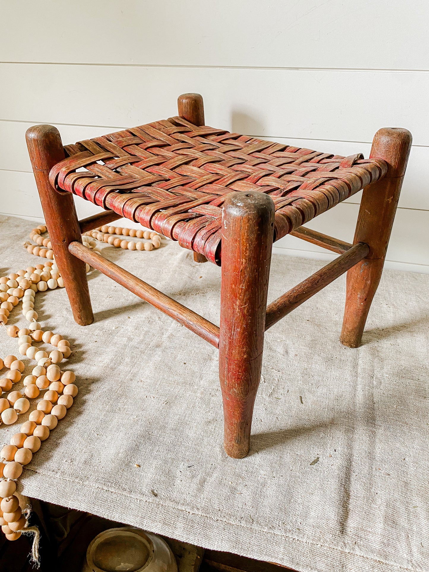 Vintage Handmade Shaker Style 13" Tall Stool with Woven Split Wood Seat | Flat Rush Stool