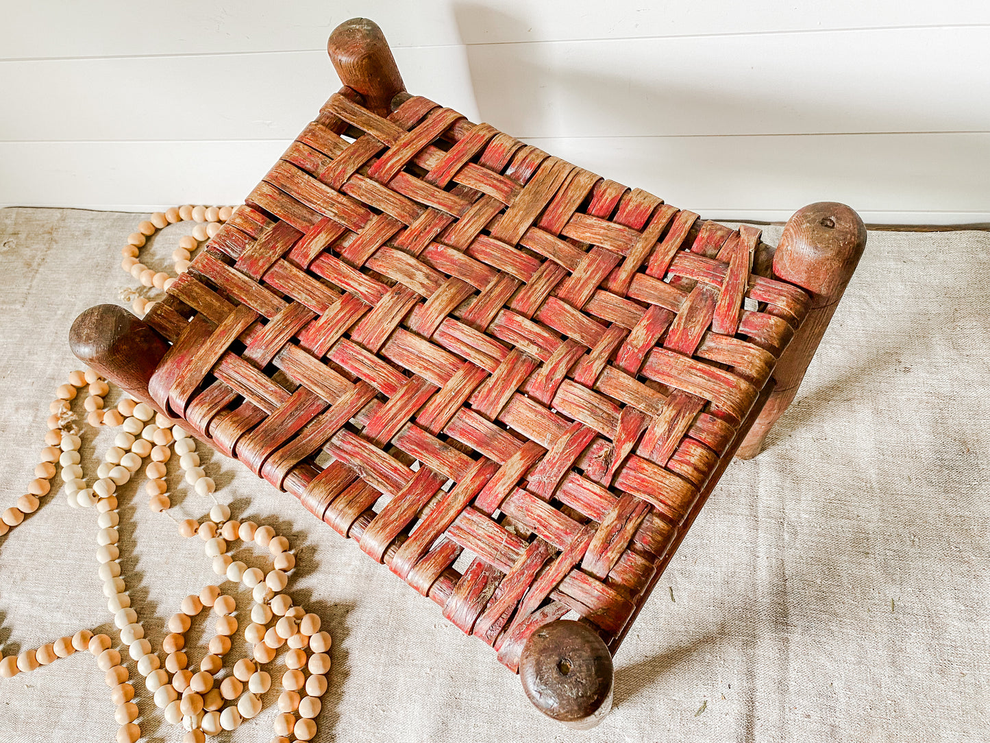 Vintage Handmade Shaker Style 13" Tall Stool with Woven Split Wood Seat | Flat Rush Stool