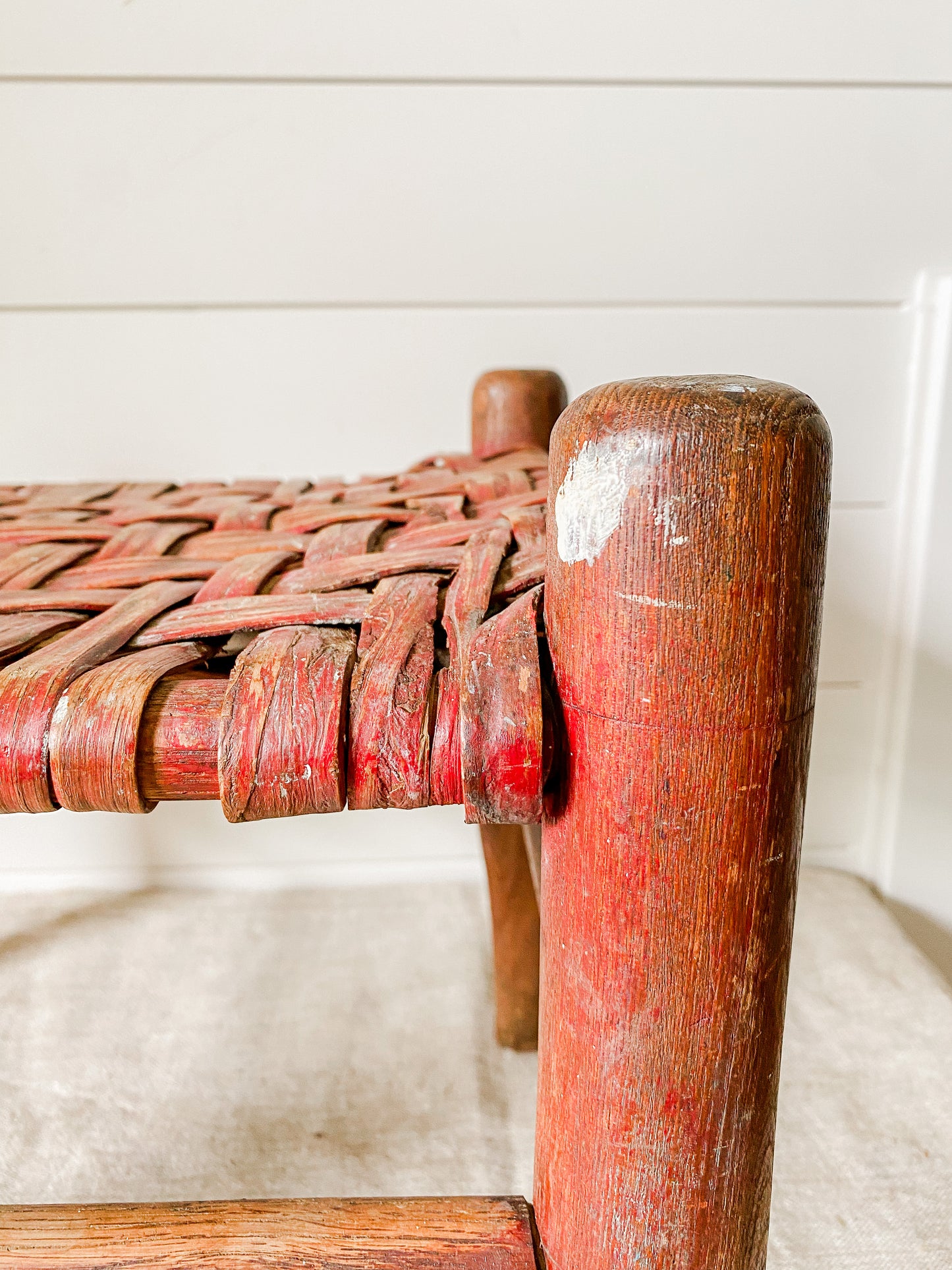 Vintage Handmade Shaker Style 13" Tall Stool with Woven Split Wood Seat | Flat Rush Stool