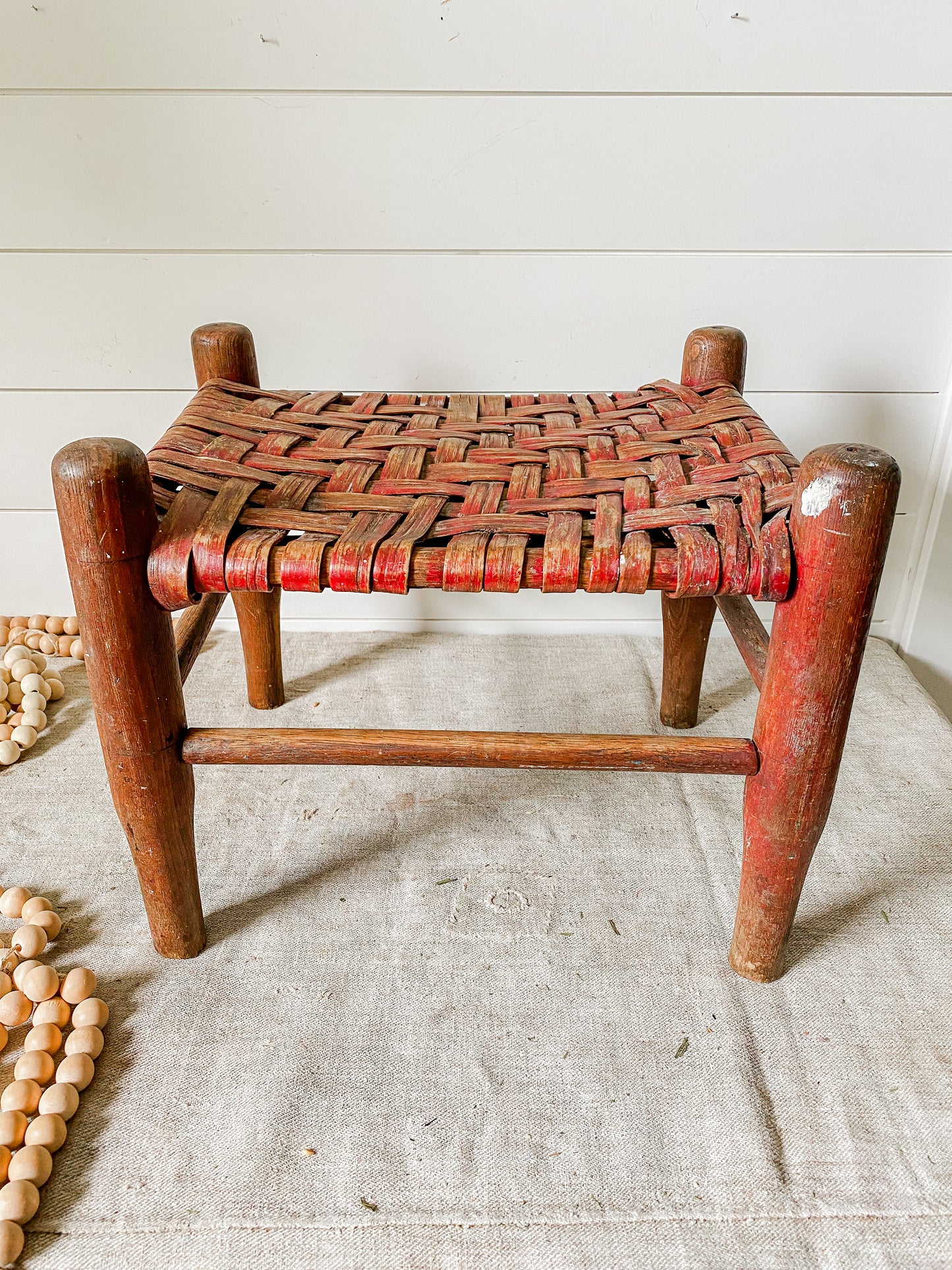 Vintage Handmade Shaker Style 13" Tall Stool with Woven Split Wood Seat | Flat Rush Stool