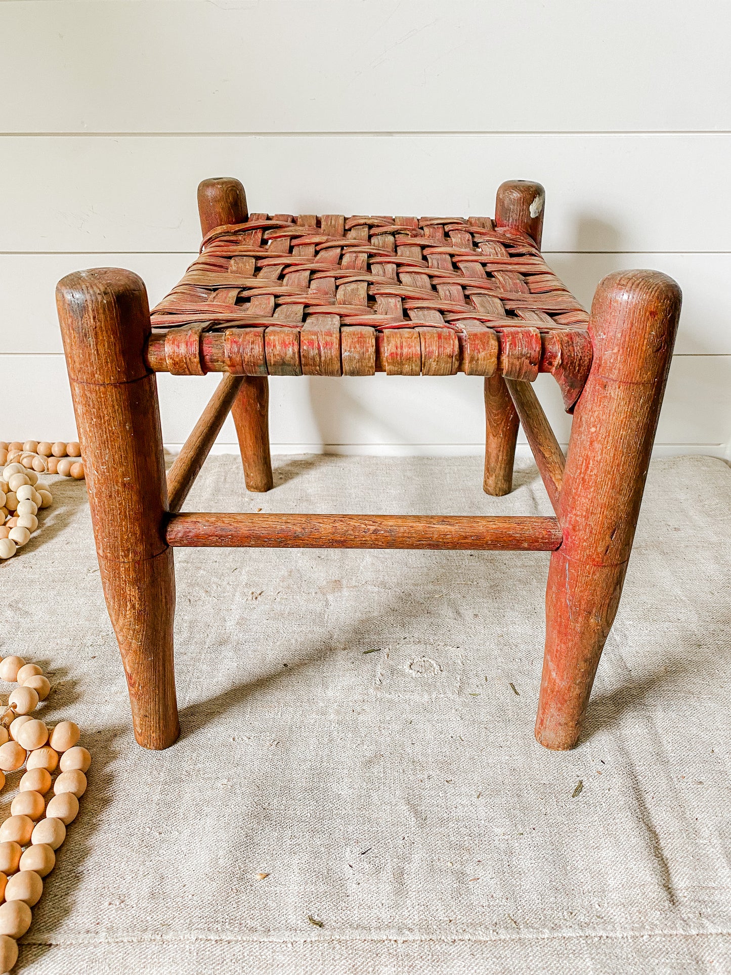 Vintage Handmade Shaker Style 13" Tall Stool with Woven Split Wood Seat | Flat Rush Stool
