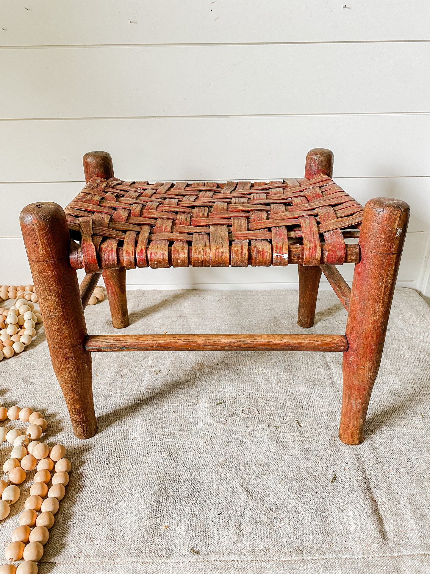 Vintage Handmade Shaker Style 13" Tall Stool with Woven Split Wood Seat | Flat Rush Stool
