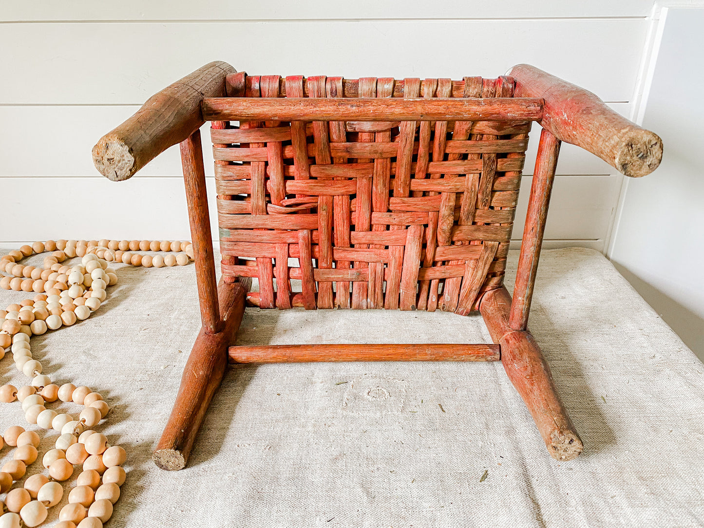 Vintage Handmade Shaker Style 13" Tall Stool with Woven Split Wood Seat | Flat Rush Stool