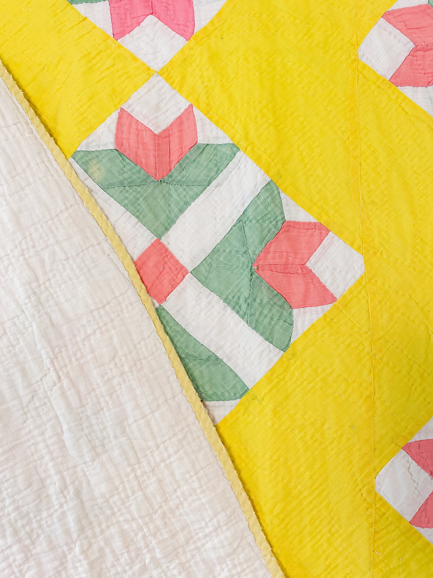 Vintage Yellow Green and Pink Tulip Quilt, c1930