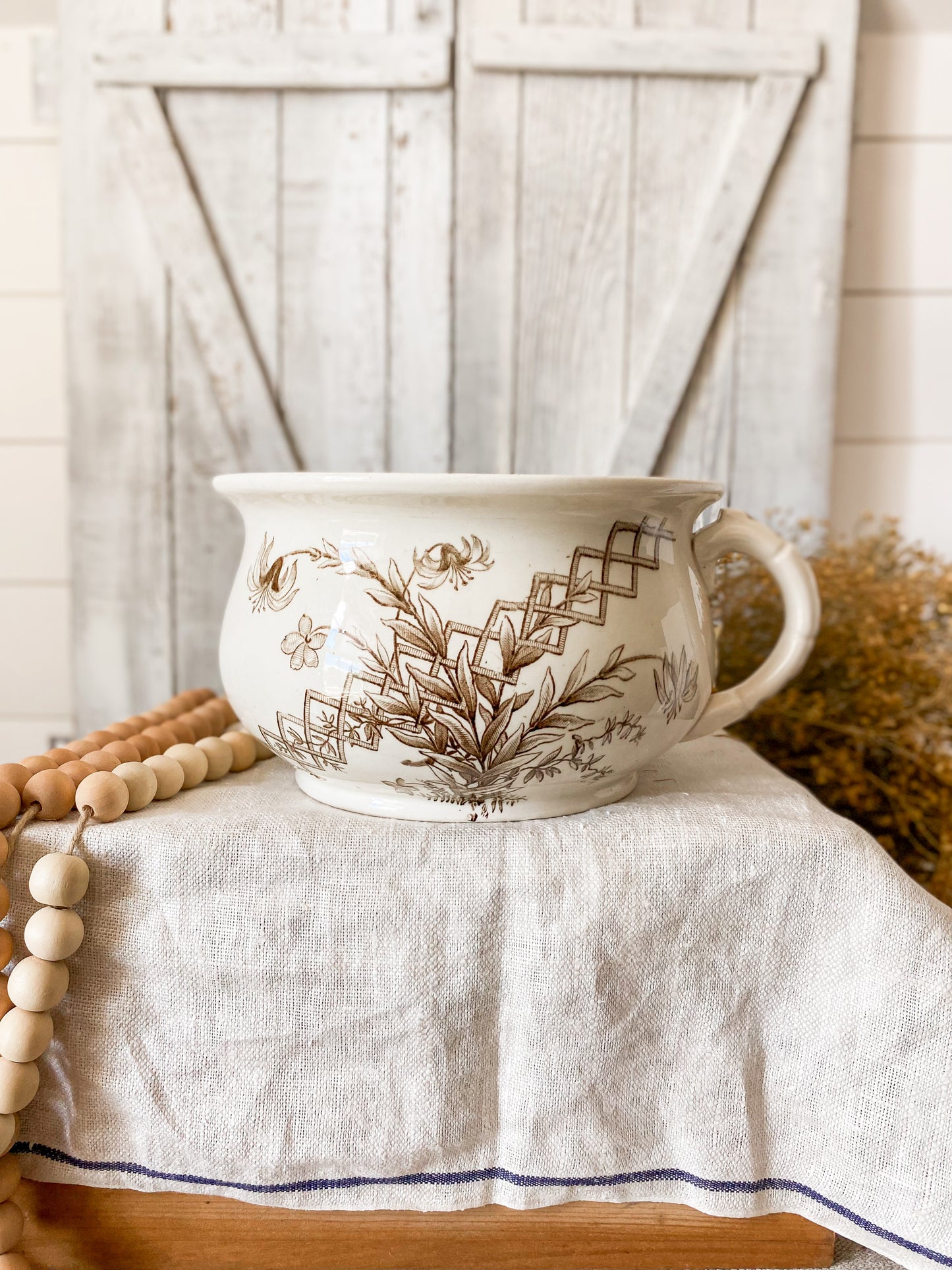 Antique Ironstone Chamber Pot with Brown Transferware by GW Turner & Sons, c1880