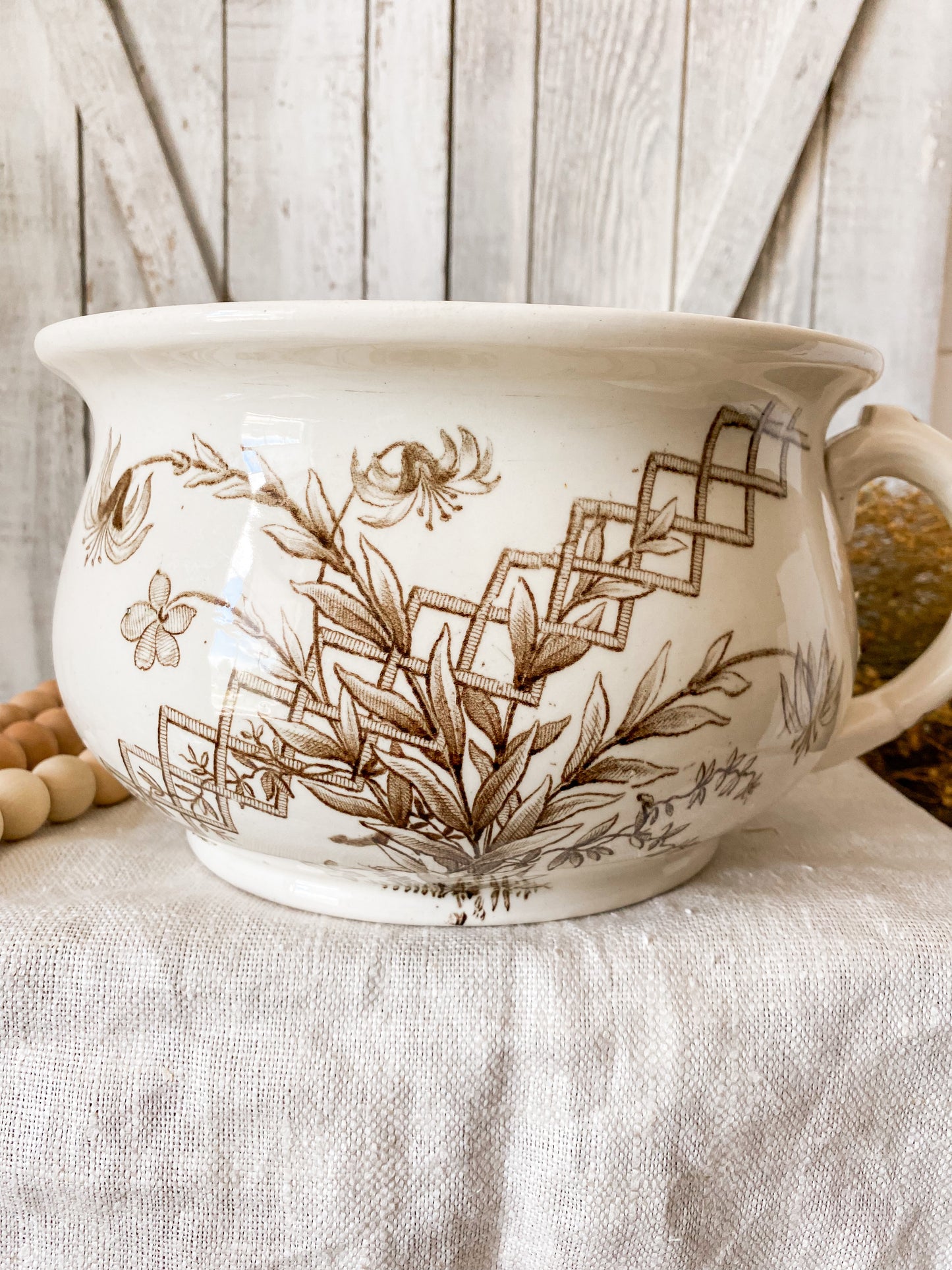 Antique Ironstone Chamber Pot with Brown Transferware by GW Turner & Sons, c1880