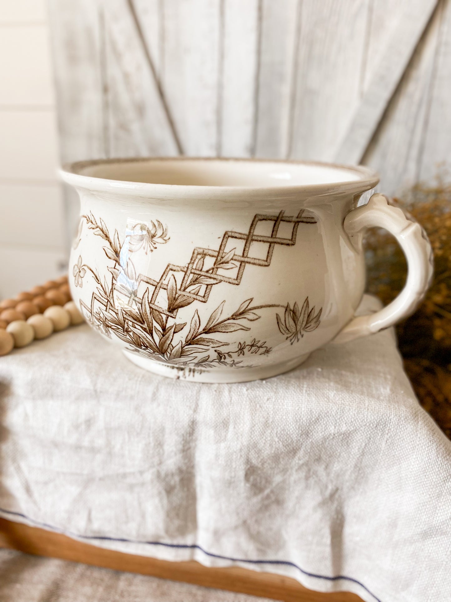 Antique Ironstone Chamber Pot with Brown Transferware by GW Turner & Sons, c1880