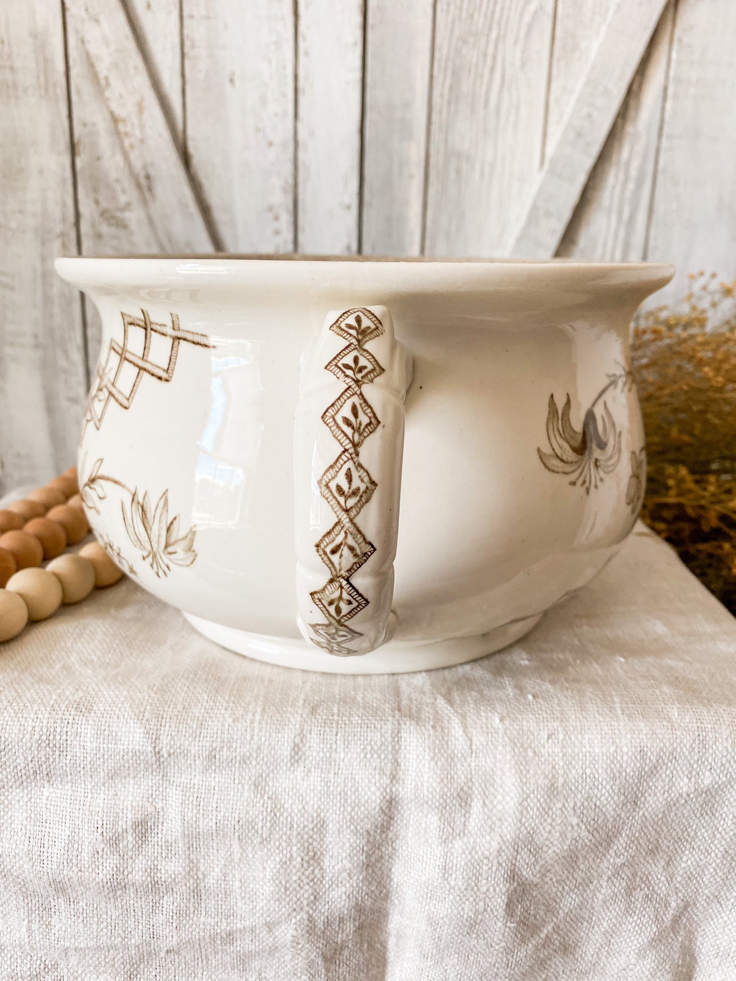 Antique Ironstone Chamber Pot with Brown Transferware by GW Turner & Sons, c1880