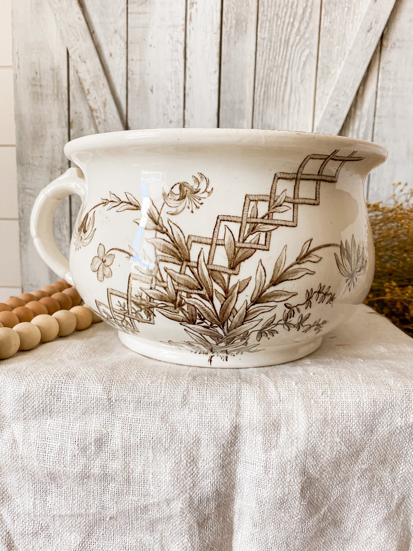 Antique Ironstone Chamber Pot with Brown Transferware by GW Turner & Sons, c1880