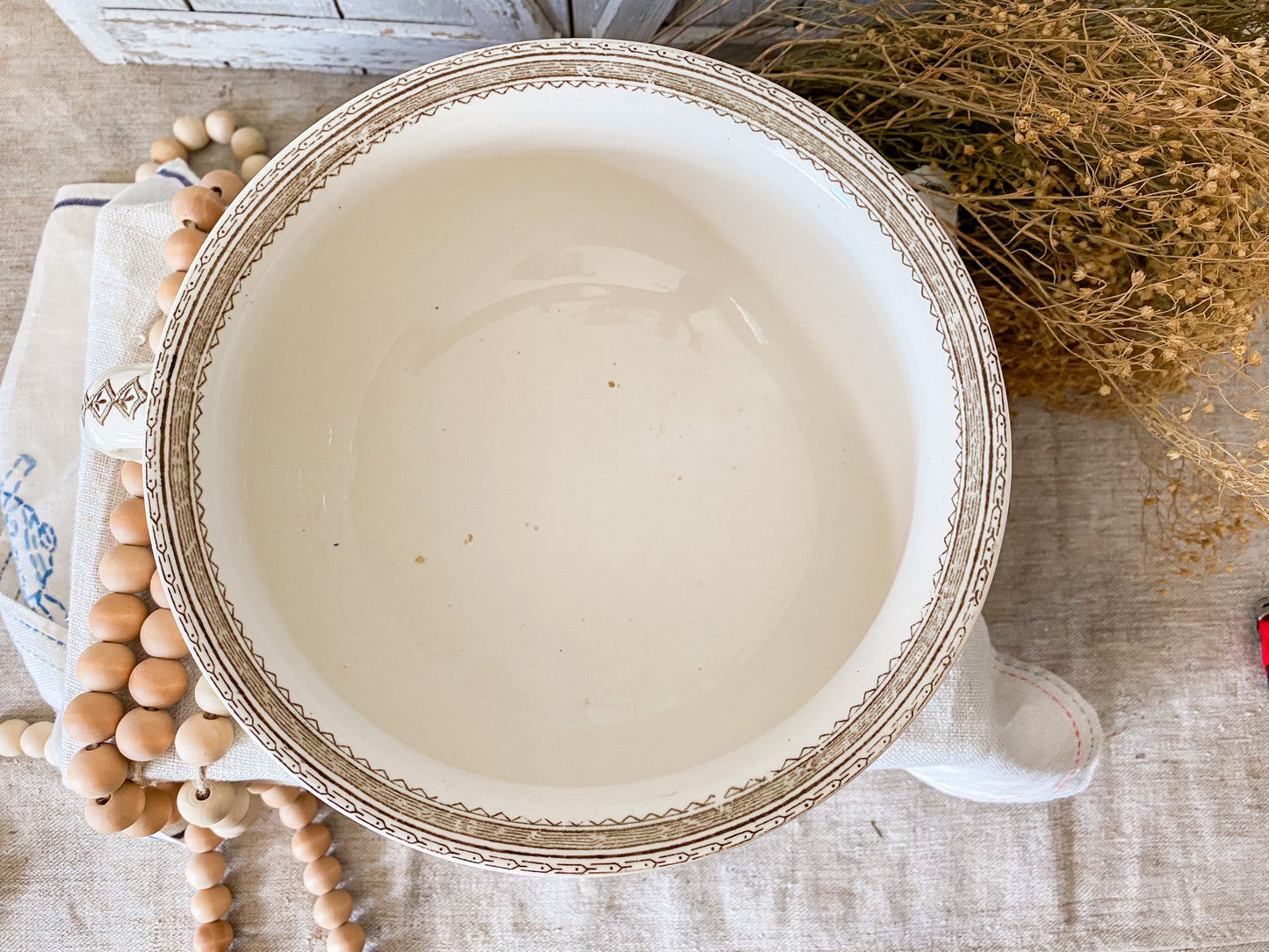 Antique Ironstone Chamber Pot with Brown Transferware by GW Turner & Sons, c1880