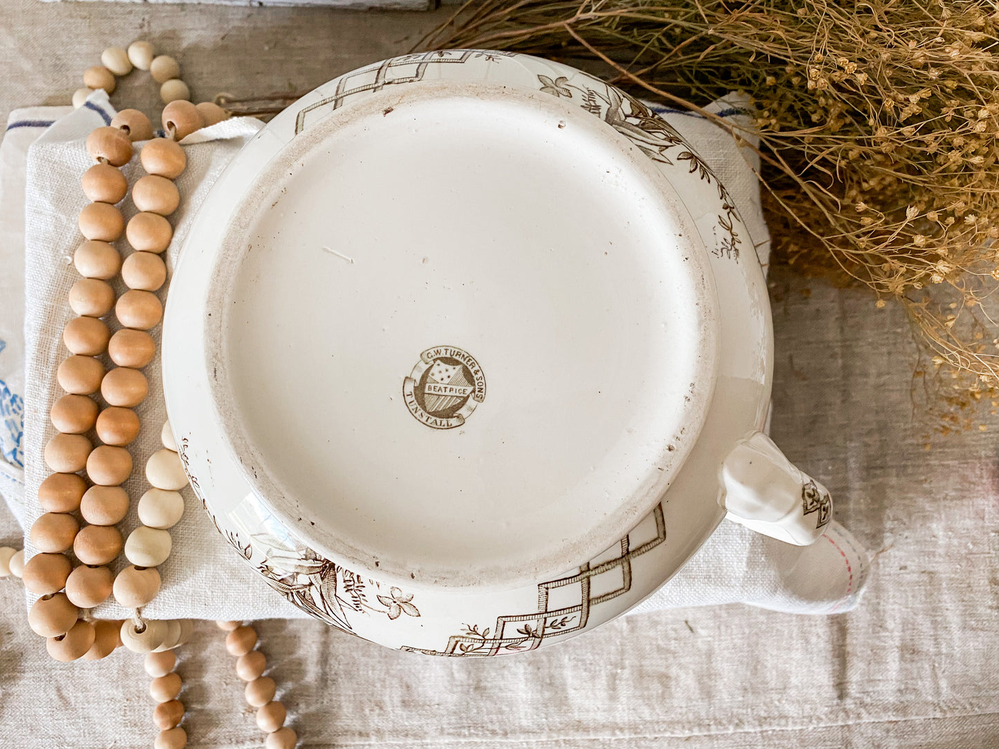 Antique Ironstone Chamber Pot with Brown Transferware by GW Turner & Sons, c1880